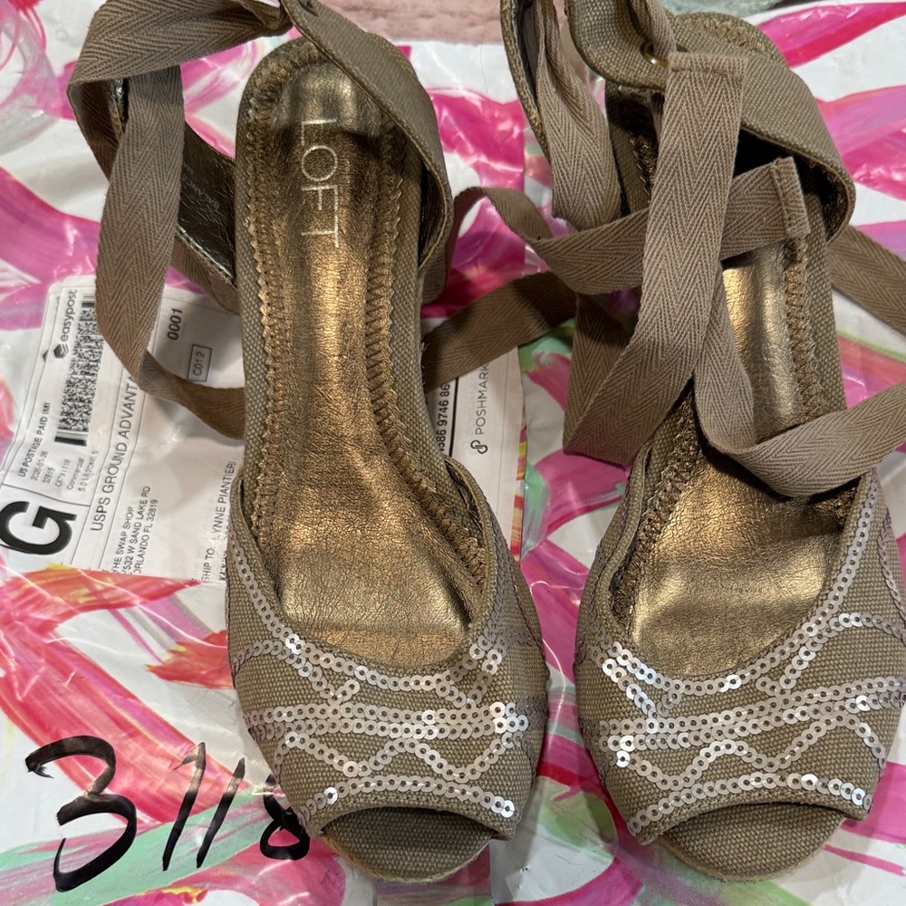 LOFT Taupe Sequin Tie-Up Peep Toe Heels